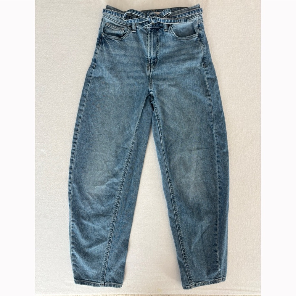Y2K Barrel Jeans Womens Size 3/26W Tie Waist Blue Denim Stretch Workwear Baggy